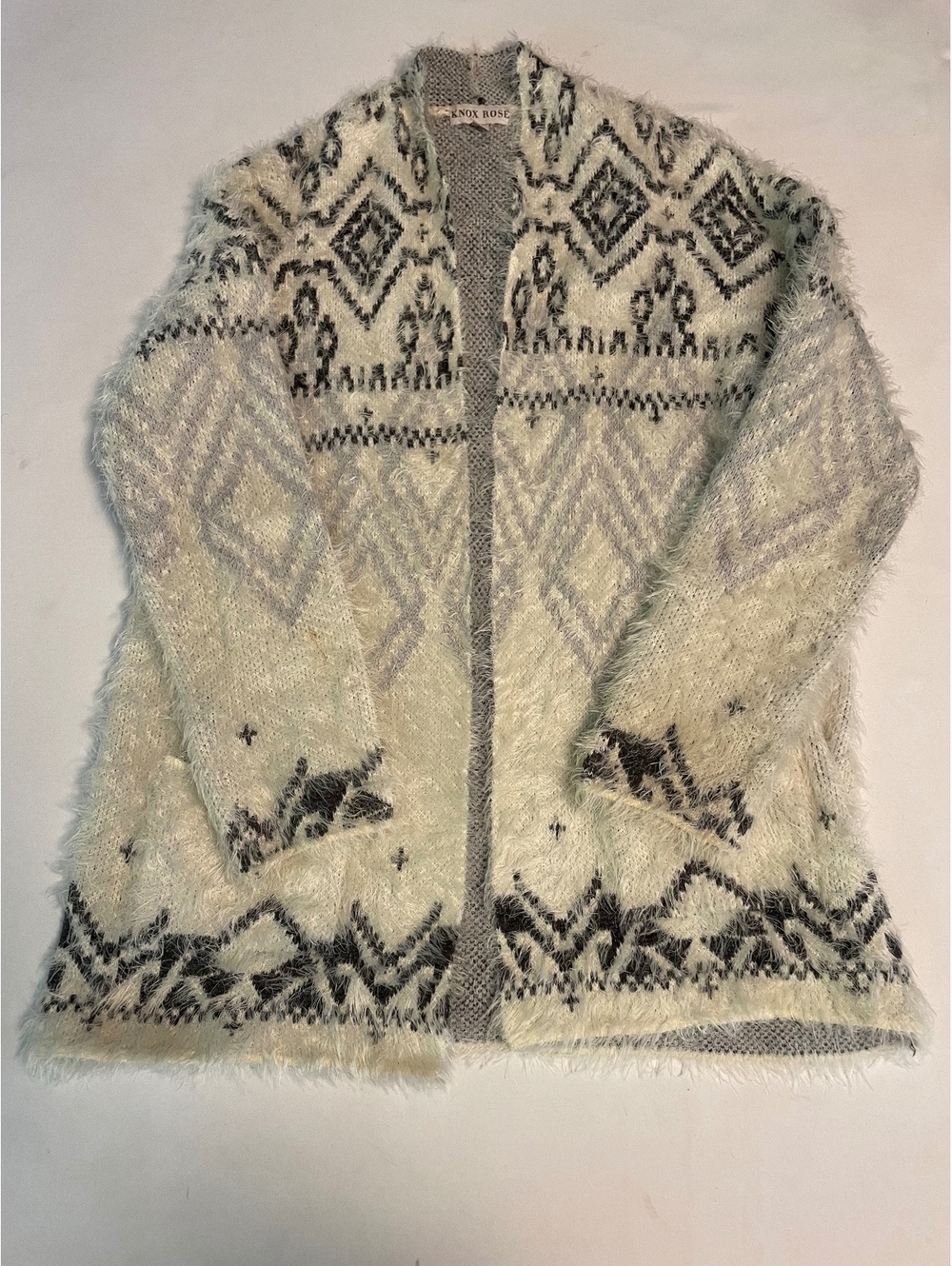 Knox Rose Women's Large Fuzzy Open Front Cardigan Sweater with Geometric Pattern